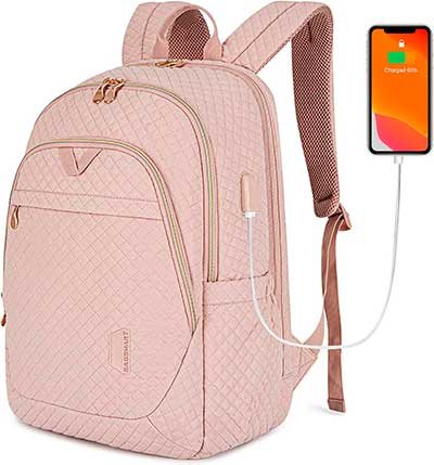 Mochila con cargador incluido para laptop para viaje y para regalar a mujeres color rosa